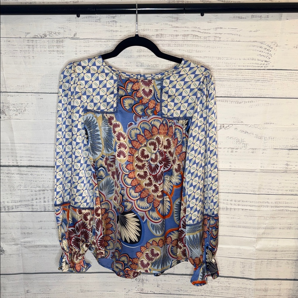 NWOT Printed Long-Sleeve Blouse in Light Blue and Multicolor - Picture 2 of 6